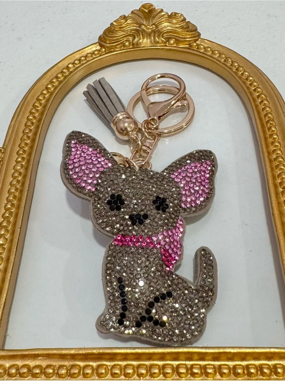 New Crystal Dog  in Pink and Gray Keychain